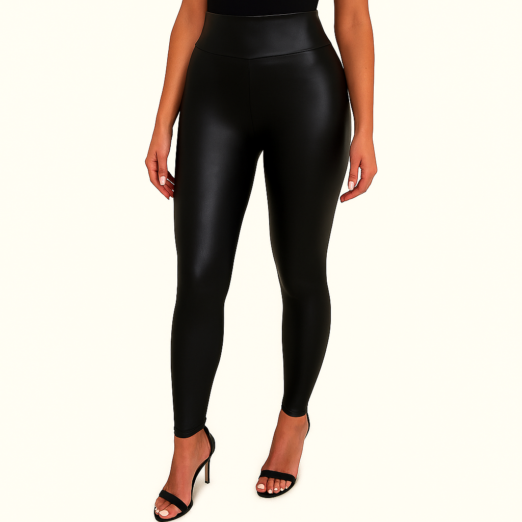 Schwarze Kunstleder Stretch-Leggings mit Hohem Bund – Wet-Look