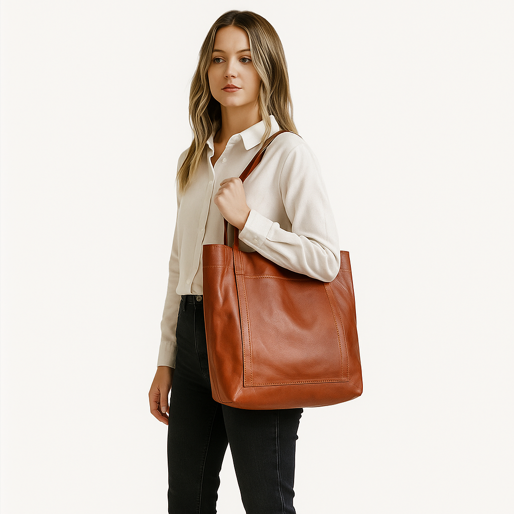 Damen elegante Leder Schultertasche – Strukturierte Tote mit Obergriff