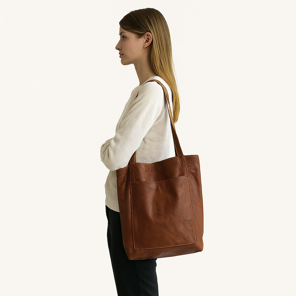 Damen elegante Leder Schultertasche – Strukturierte Tote mit Obergriff