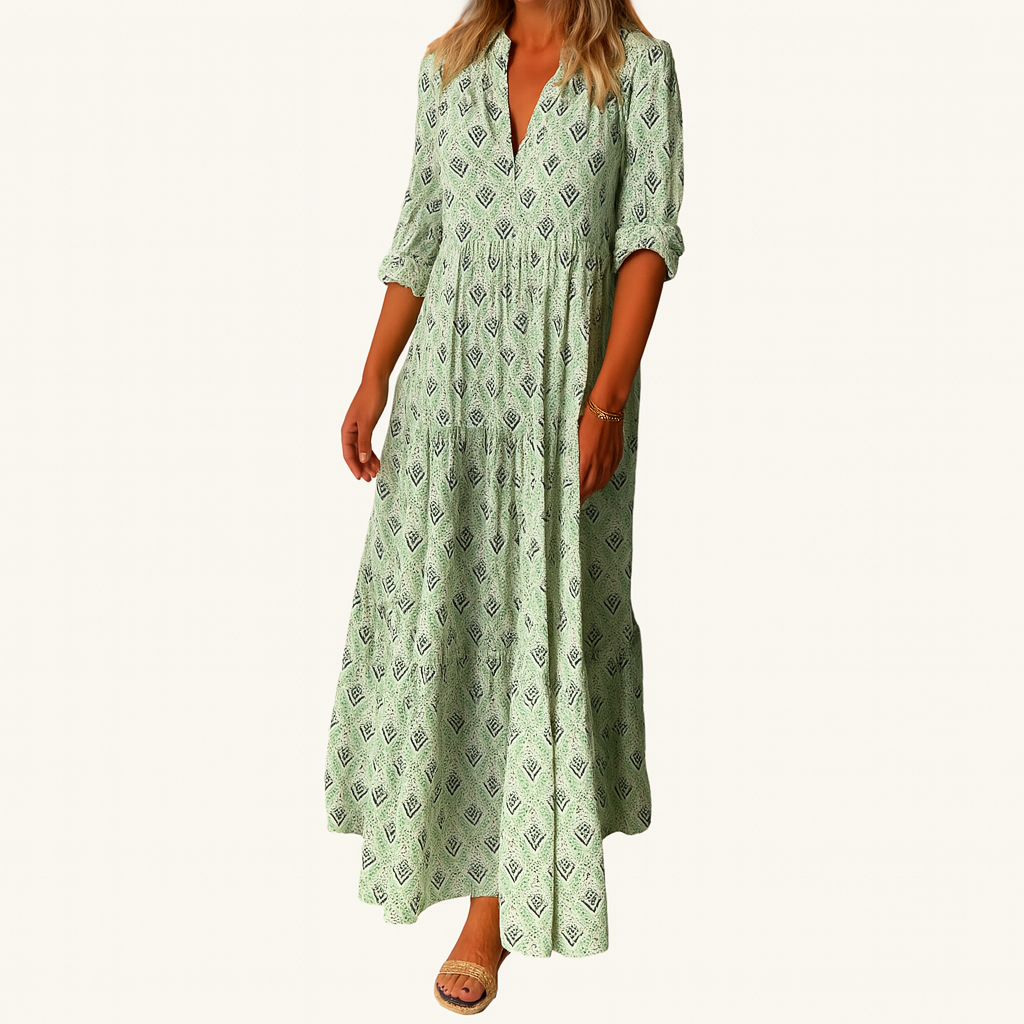 Damen Vintage-Print Baumwoll-Maxi-Kleid – V-Ausschnitt mit 3/4-Ärmeln