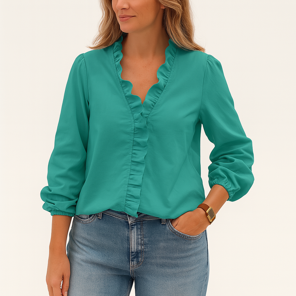 Damen V-Ausschnitt Rüschenbluse Leichter Sommer-Arbeitsbluse