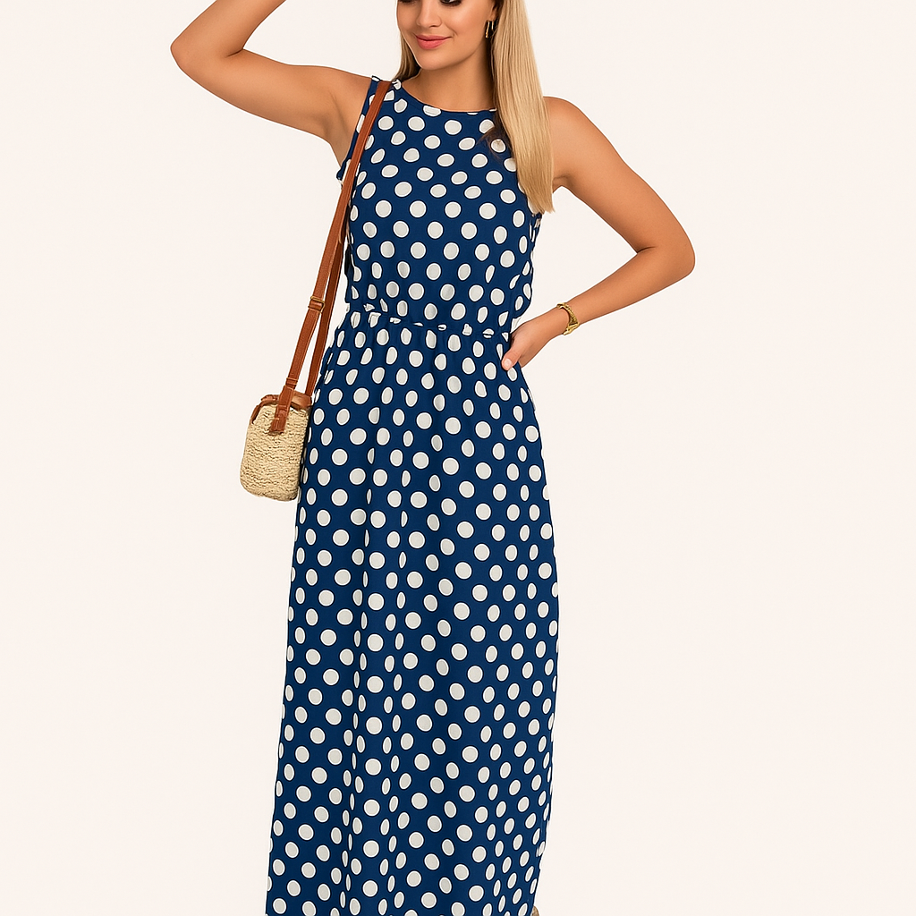 Damen Polka-Dot Maxi-Kleid – Stufenärmel & Sommerstil
