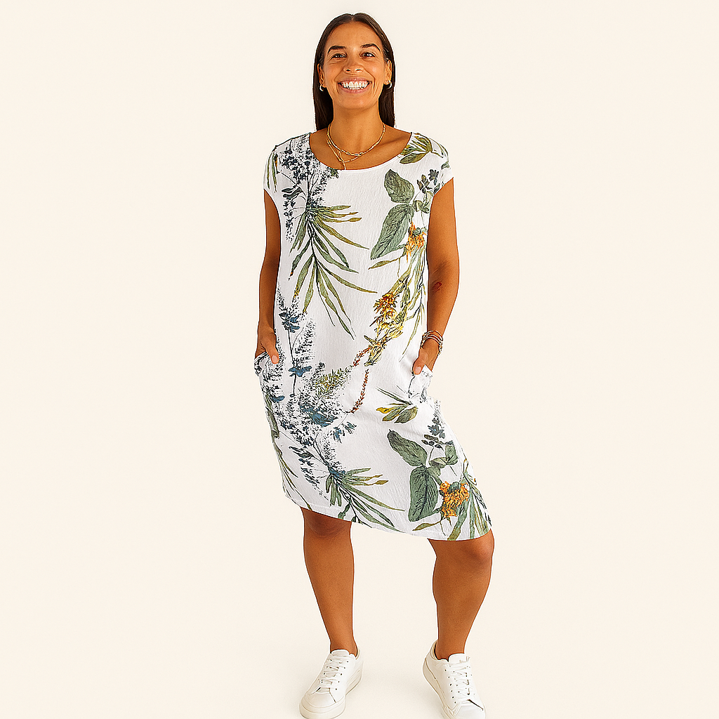 Damen Entspanntes Rundhals-Midi-Kleid – Leicht & mit Taschen