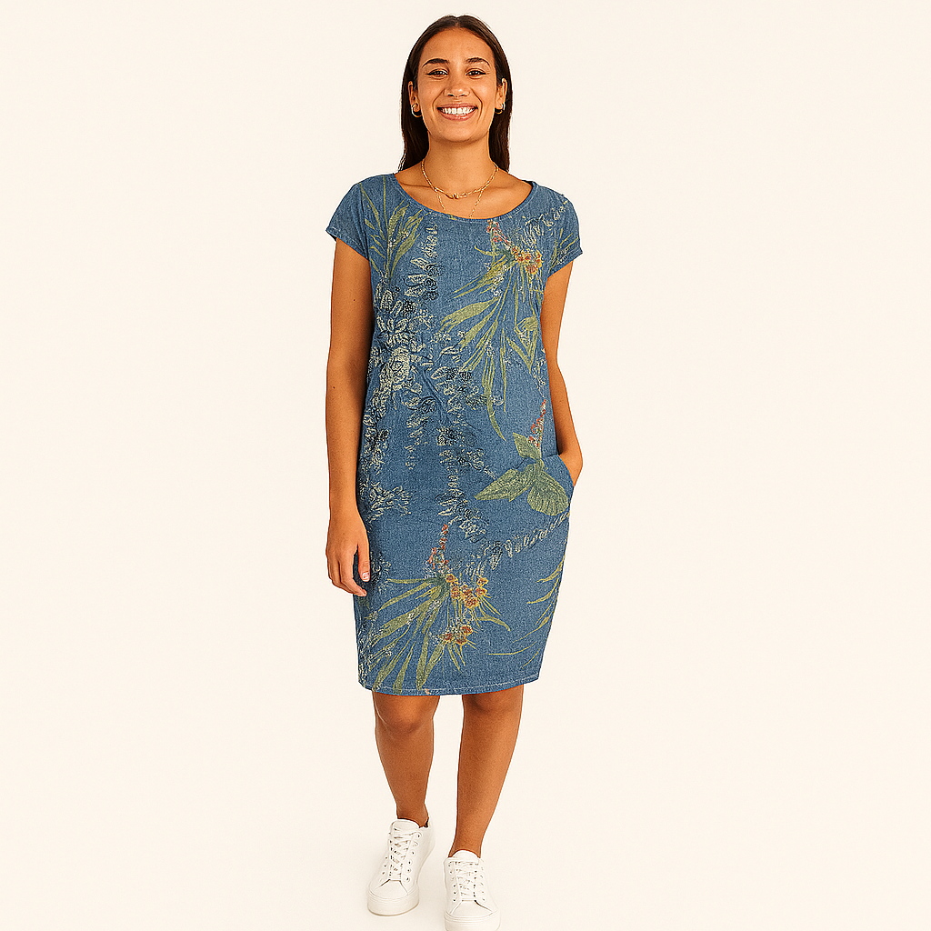 Damen Entspanntes Rundhals-Midi-Kleid – Leicht & mit Taschen