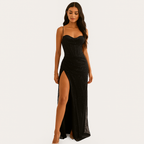 Damen Satin Korsett Maxi-Kleid mit Schlitz – Elegantes Abendkleid
