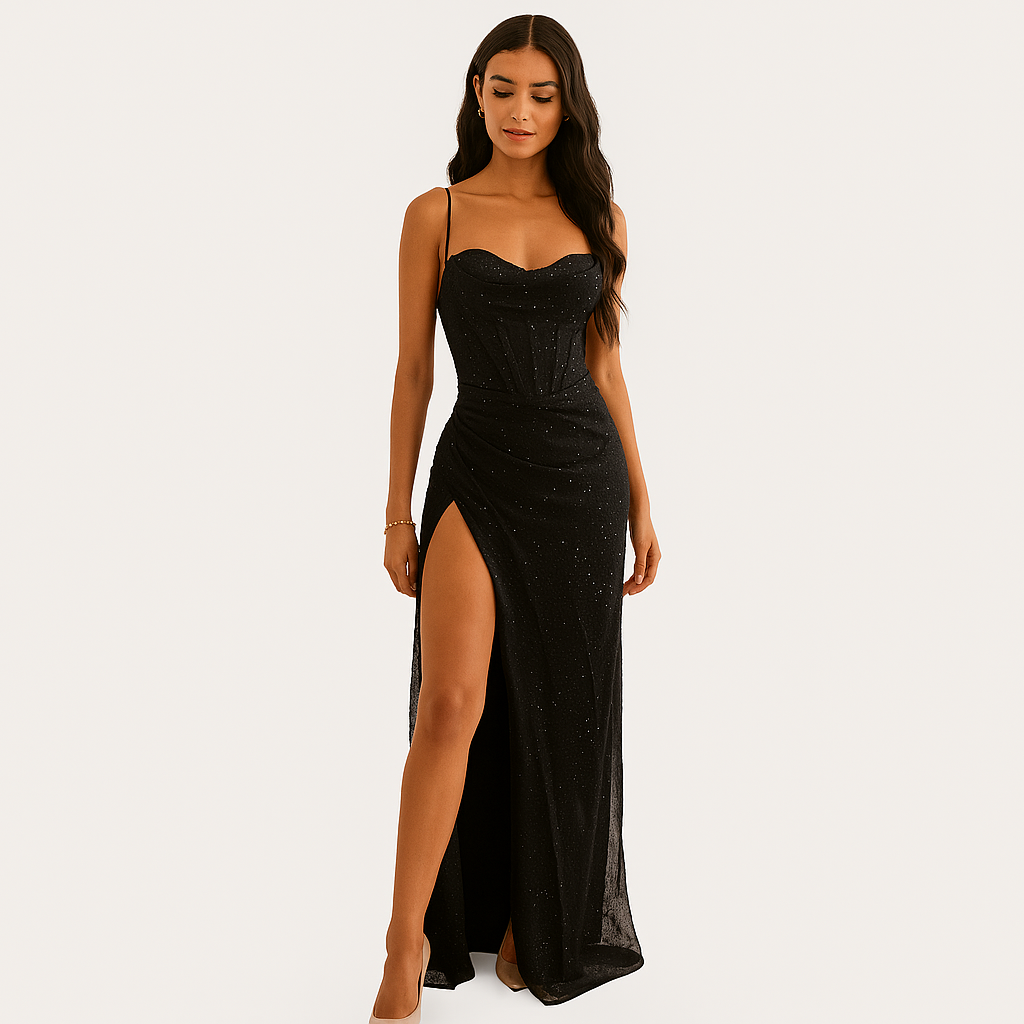 Damen Satin Korsett Maxi-Kleid mit Schlitz – Elegantes Abendkleid