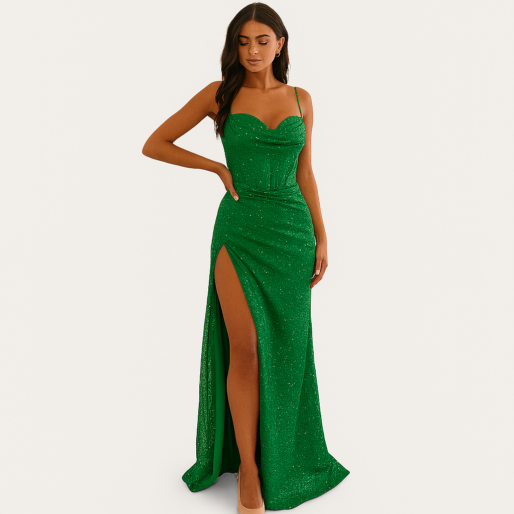 Damen Satin Korsett Maxi-Kleid mit Schlitz – Elegantes Abendkleid