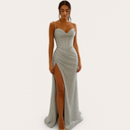 Damen Satin Korsett Maxi-Kleid mit Schlitz – Elegantes Abendkleid