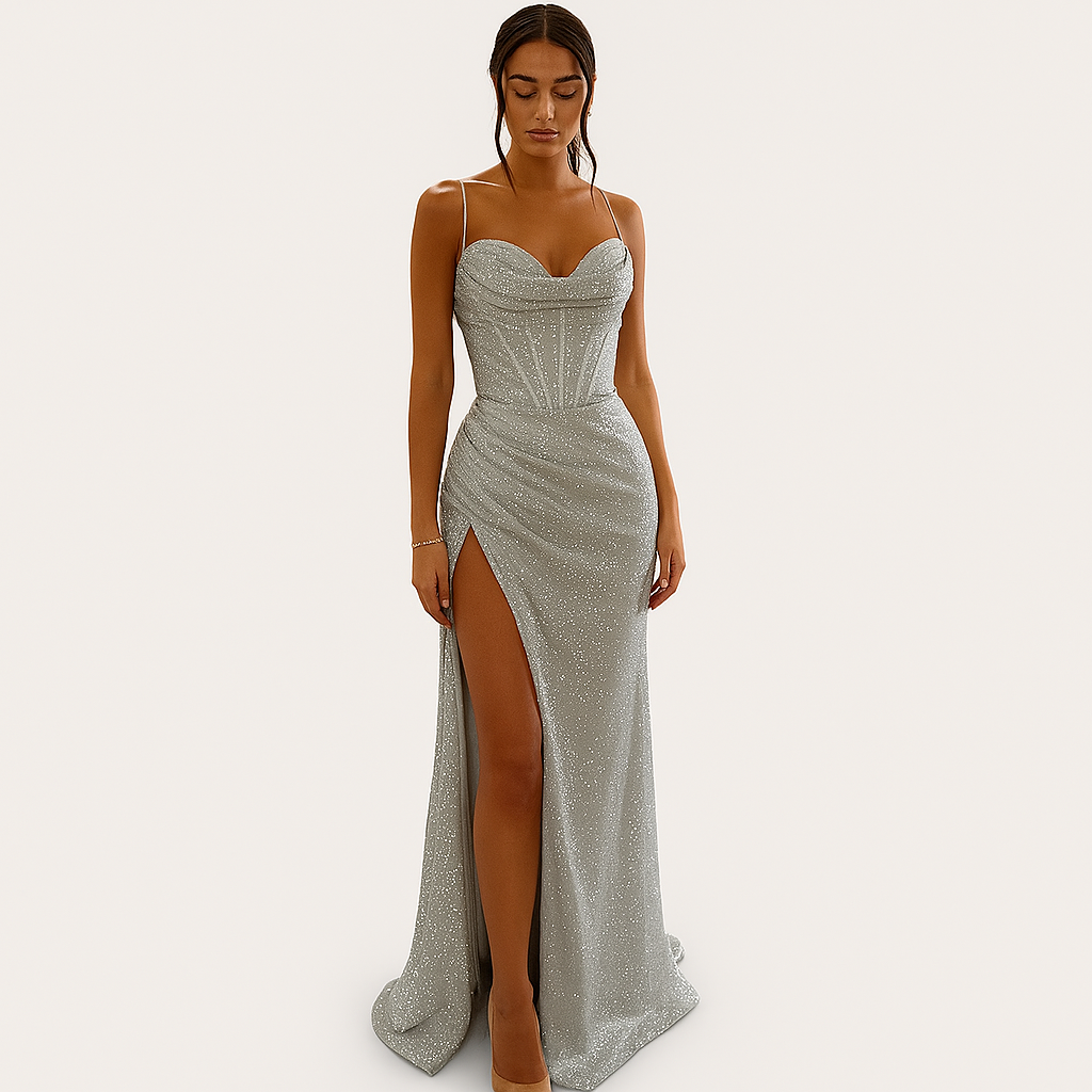 Damen Satin Korsett Maxi-Kleid mit Schlitz – Elegantes Abendkleid