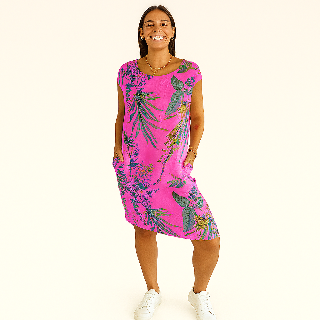 Damen Entspanntes Rundhals-Midi-Kleid – Leicht & mit Taschen