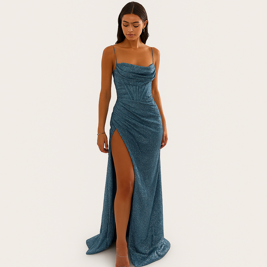Damen Satin Korsett Maxi-Kleid mit Schlitz – Elegantes Abendkleid