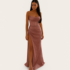 Damen Satin Korsett Maxi-Kleid mit Schlitz – Elegantes Abendkleid