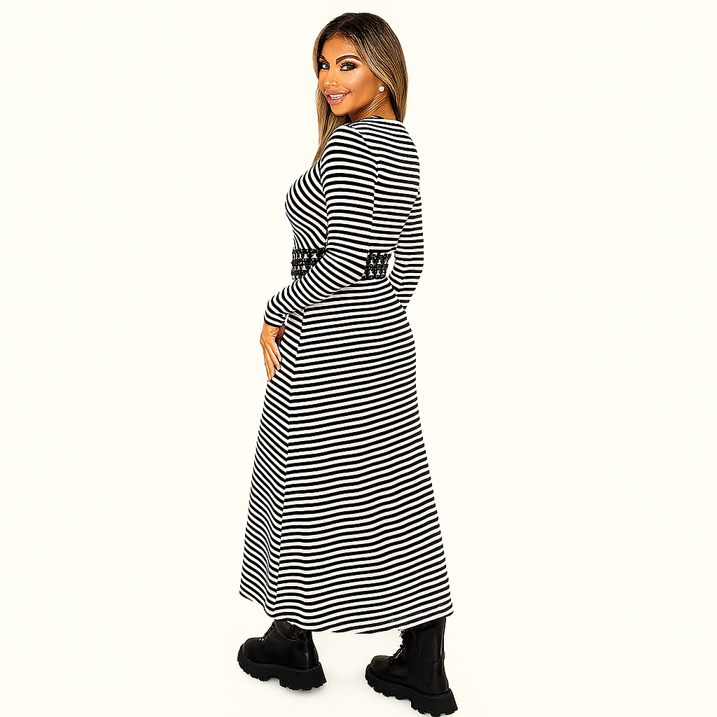 Monochromes Gestreiftes Langarm-Midi-Strickkleid – Stretch-Passform