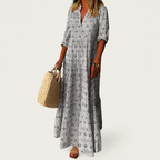 Damen Vintage-Print Baumwoll-Maxi-Kleid – V-Ausschnitt mit 3/4-Ärmeln