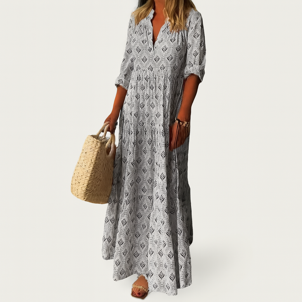 Damen Vintage-Print Baumwoll-Maxi-Kleid – V-Ausschnitt mit 3/4-Ärmeln