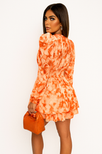 Oranges Puffärmel-Gürtel-Mini-Kleid – Lebendiger Sommerstil