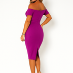 Magenta Bardot Crossover-Midi-Kleid – Stretch-Off-Shoulder-Schnitt