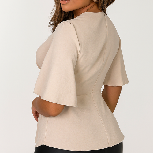 Beiges Knoten-Front Kurzarm-Top – V-Ausschnitt Casual Essential