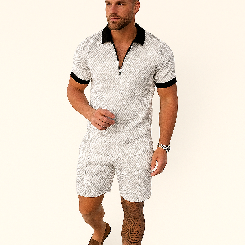 Herren Geometrisches Zip-Up Co-ord Shorts-Set – Sommer Tracksuit