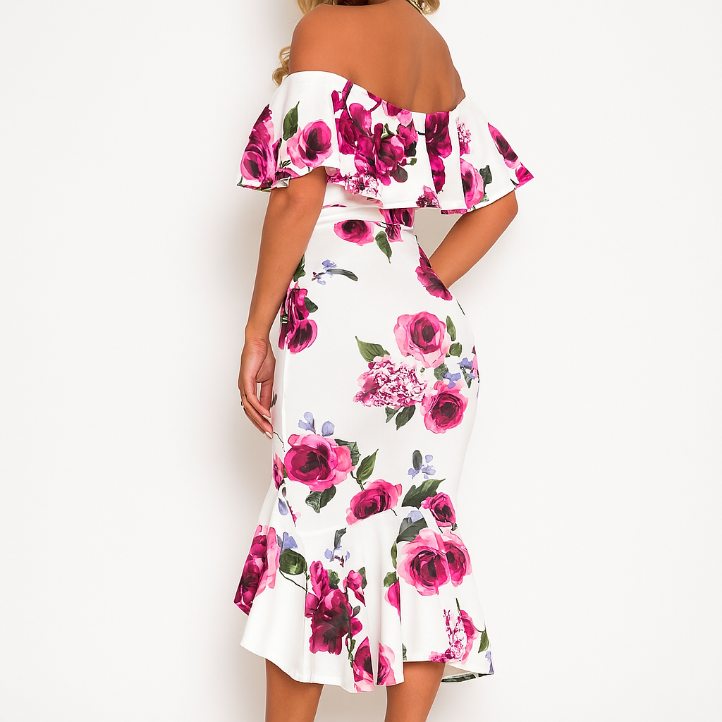 Weißes Blumen-Bardot-Midi-Kleid – Off-Shoulder-Midi mit Volants