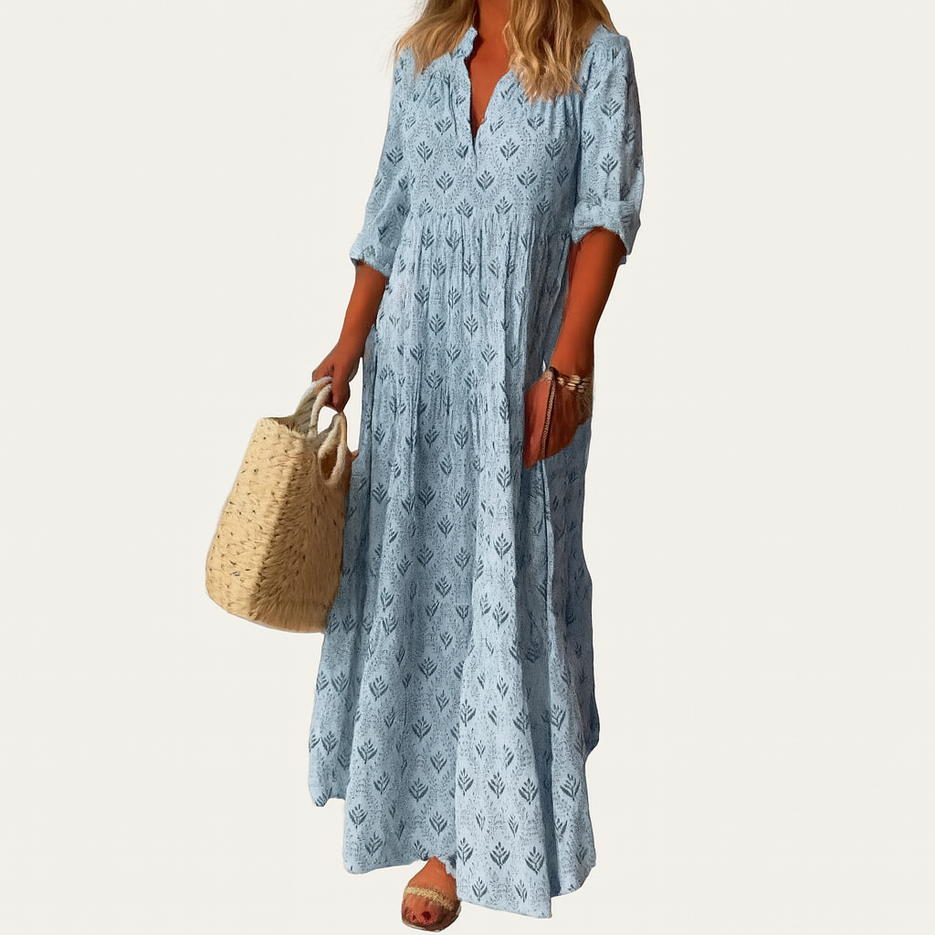 Damen Vintage-Print Baumwoll-Maxi-Kleid – V-Ausschnitt mit 3/4-Ärmeln