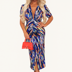 Blaues bedrucktes Bodycon-Midikleid mit Raffung – Dehnbarer Musterstil
