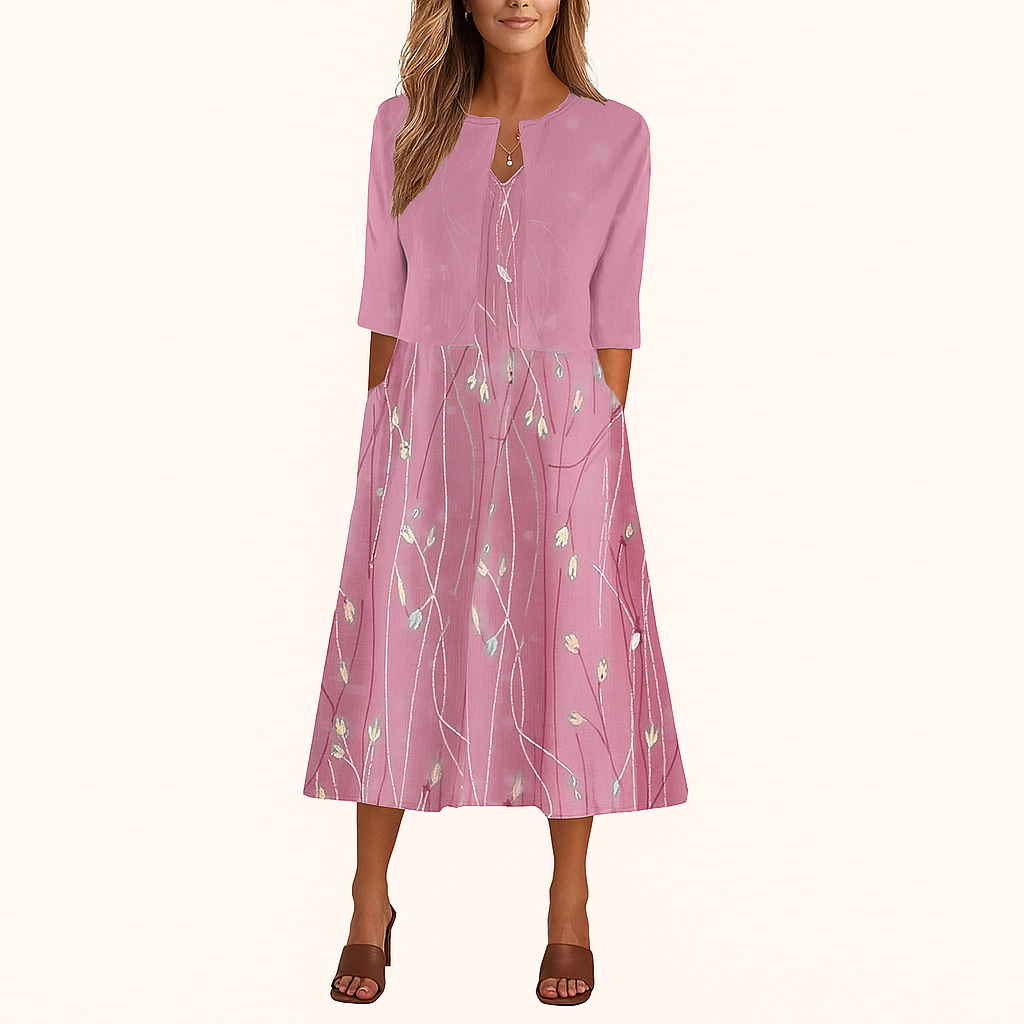 Blumiges Zwei-Teile-Midi-Kleid-Set – Sommer-Gartenanlass
