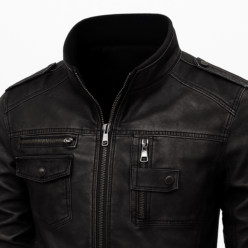 Herren Schwarze Zip-Up Lederjacke – Klassische lässige Oberbekleidung