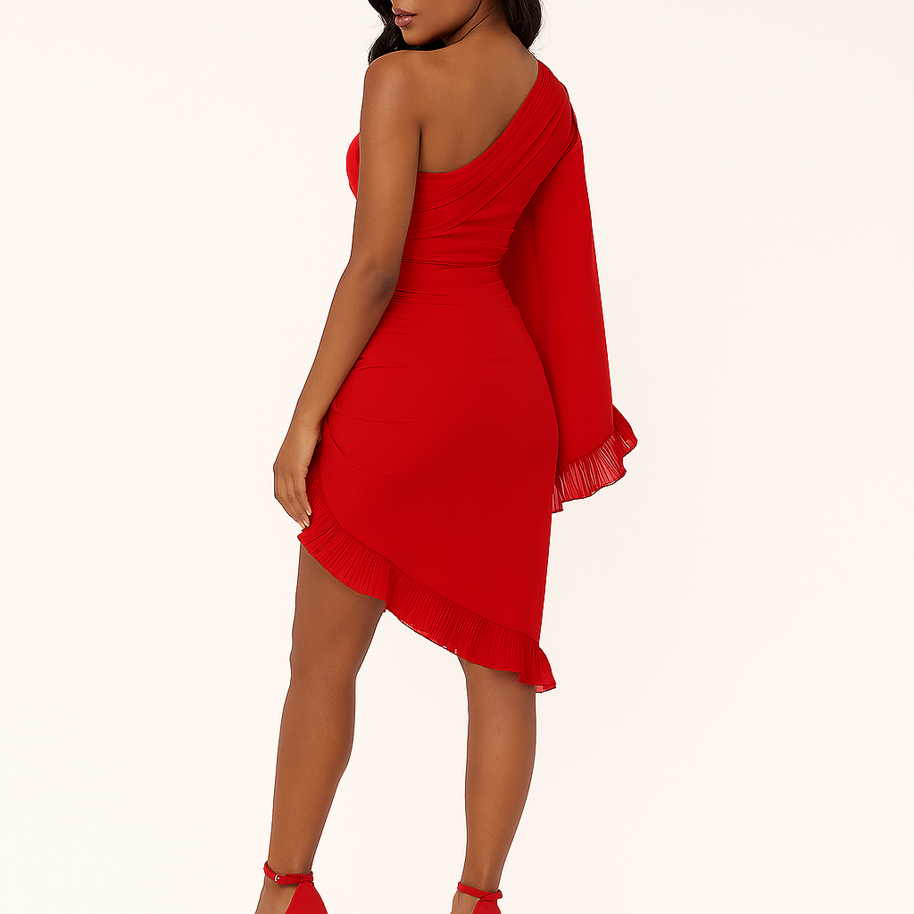 Rotes One-Shoulder Mini-Kleid mit Raffung – Party-Stil mit Volant-Saum