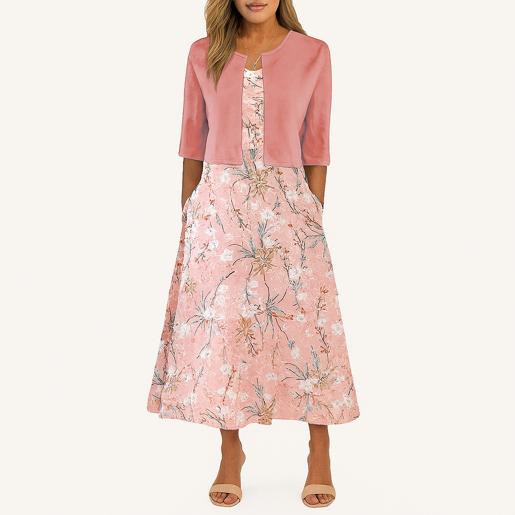 Blumiges Zwei-Teile-Midi-Kleid-Set – Sommer-Gartenanlass