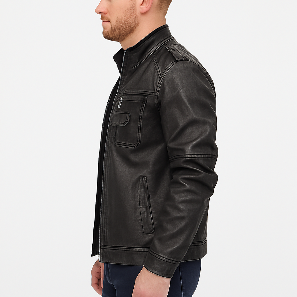 Herren Schwarze Zip-Up Lederjacke – Klassische lässige Oberbekleidung