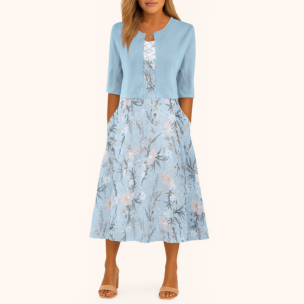 Blumiges Zwei-Teile-Midi-Kleid-Set – Sommer-Gartenanlass