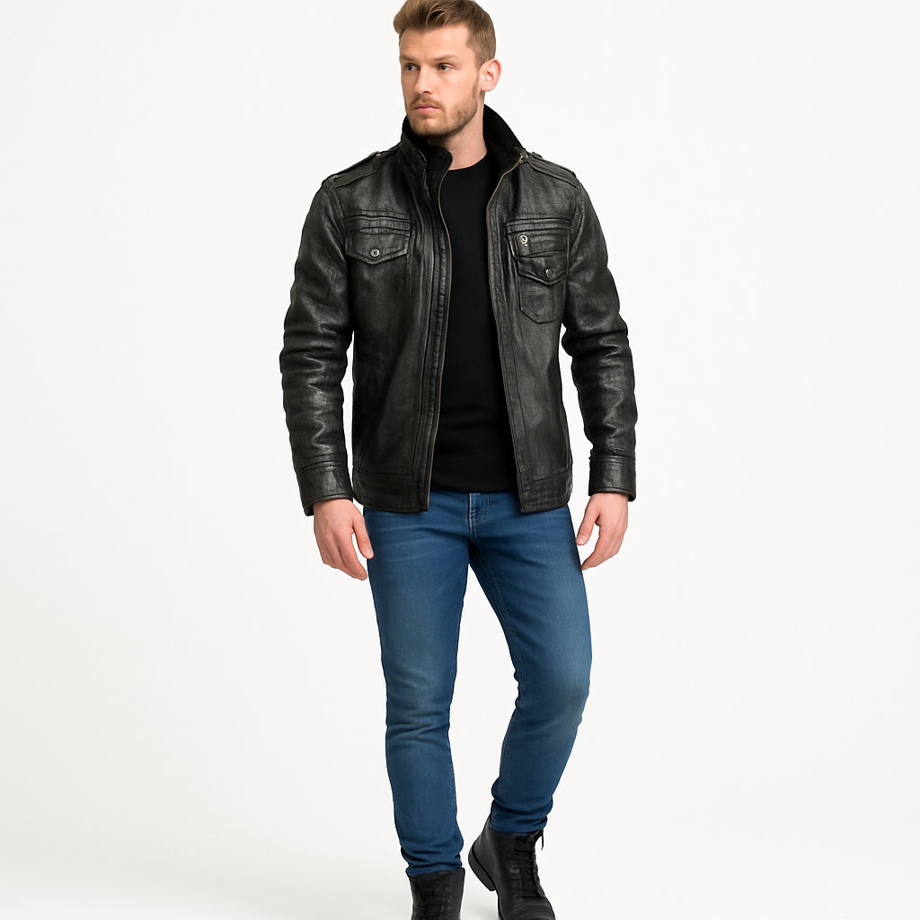 Herren Schwarze Zip-Up Lederjacke – Klassische lässige Oberbekleidung