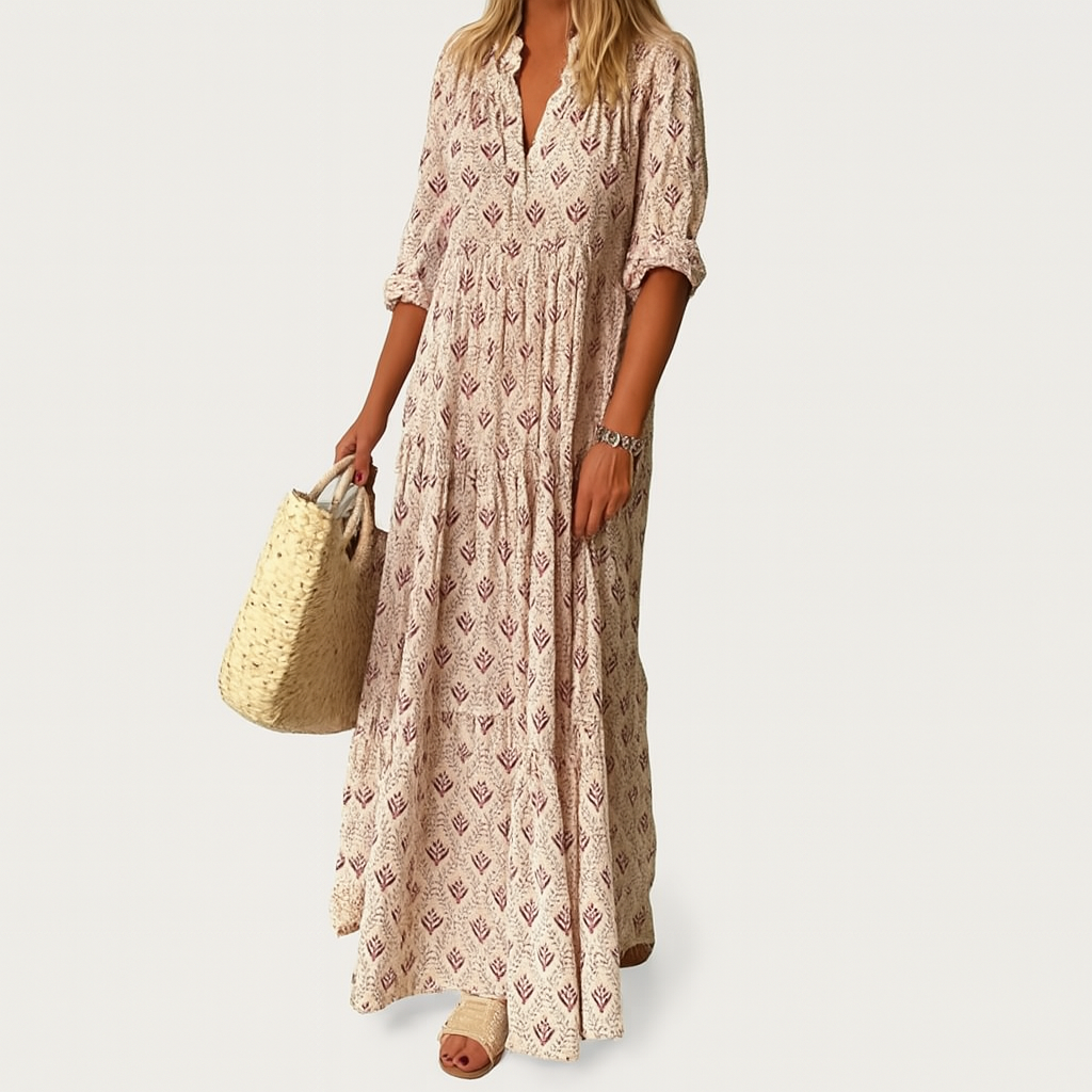 Damen Vintage-Print Baumwoll-Maxi-Kleid – V-Ausschnitt mit 3/4-Ärmeln