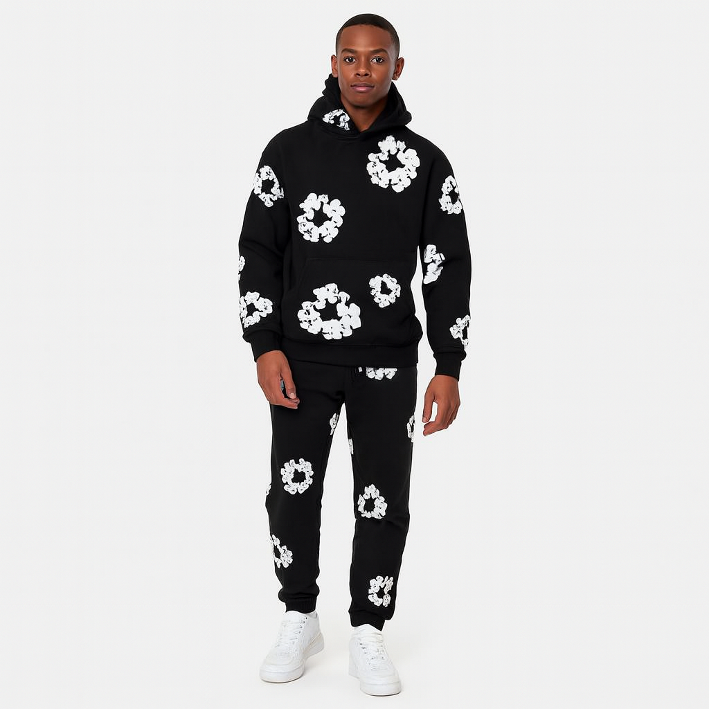 Unisex Floral Trainingsanzug Set mit Kapuzenpullover und Jogginghose – Streetwear