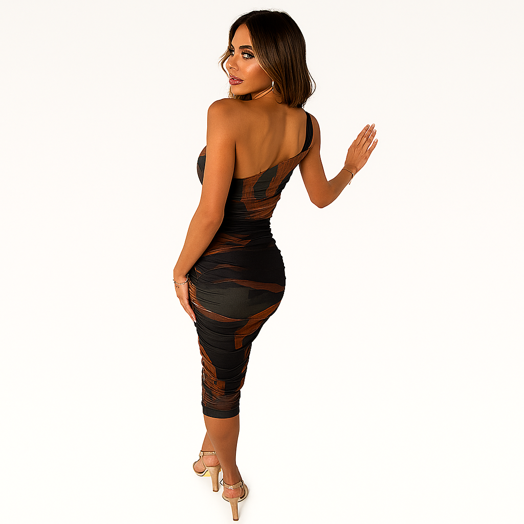 Braunes Smoke-Print One-Shoulder Midi-Kleid – figurbetont