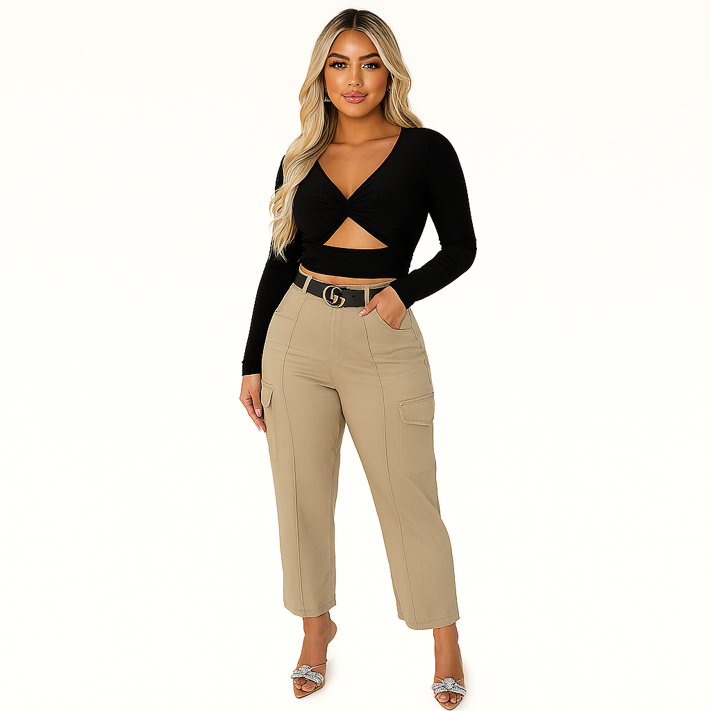 Schwarzes, stretchiges Crop-Top mit Cut-Outs und langen Ärmeln – schlankes Design