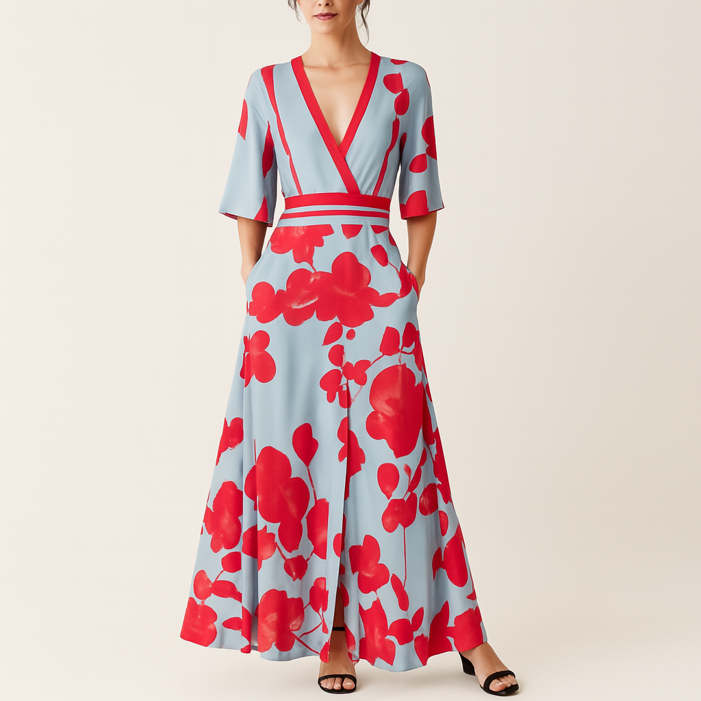 Damen Maxi-Kleid mit tiefem V-Ausschnitt und Taschen – Ellbogenärmel, Fließender Rock