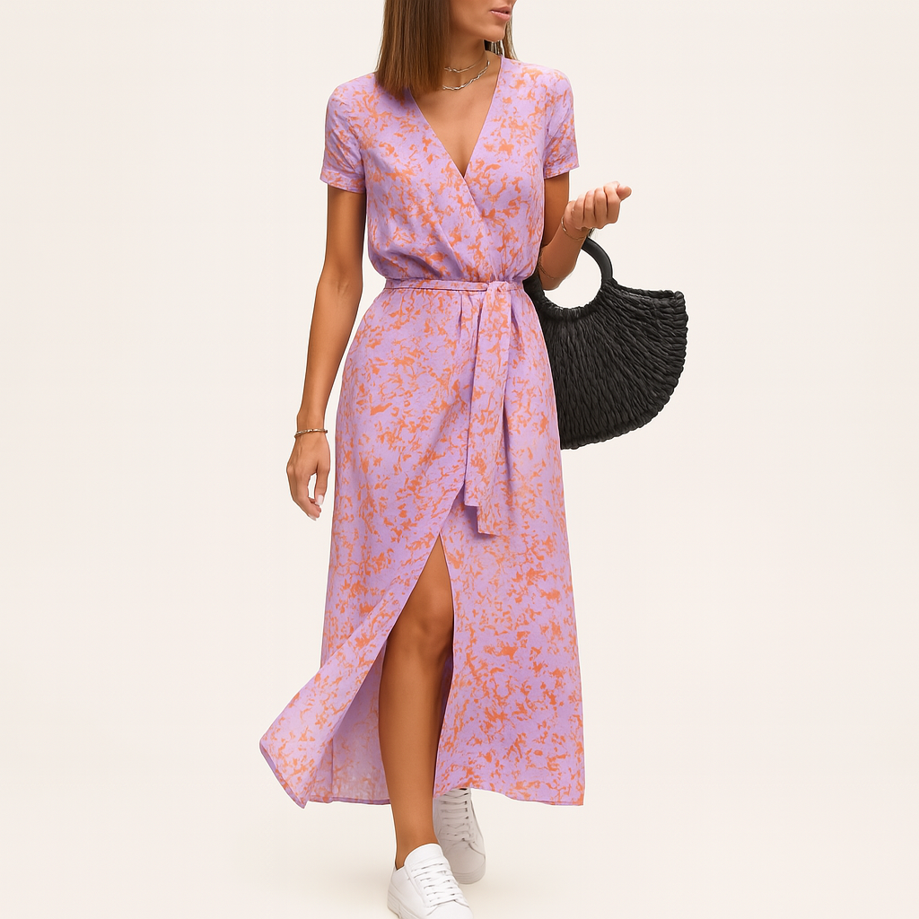 Elegantes bedrucktes Sommer-Midikleid – Leichtes V‑Ausschnitt-Design, floraler Stil