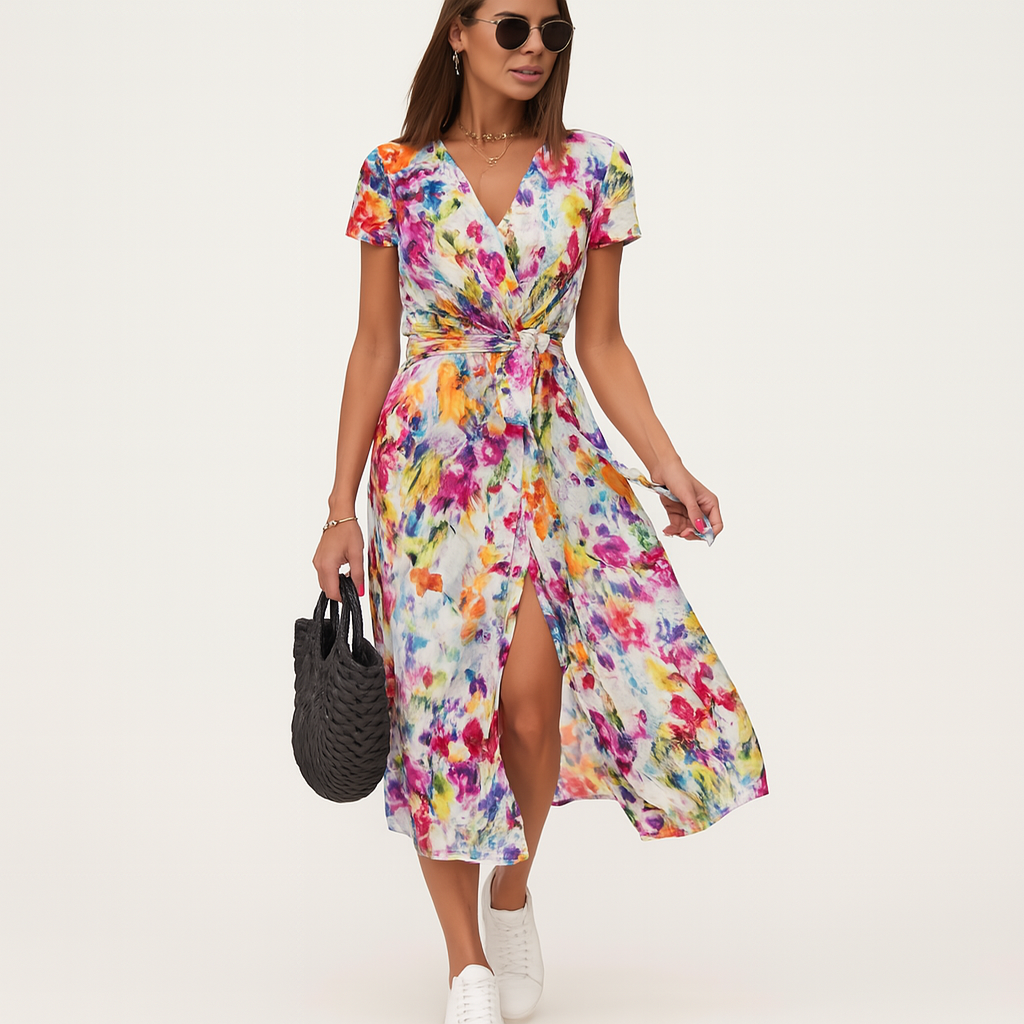 Elegantes bedrucktes Sommer-Midikleid – Leichtes V‑Ausschnitt-Design, floraler Stil