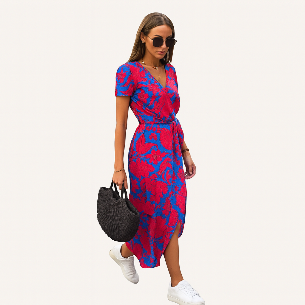 Elegantes bedrucktes Sommer-Midikleid – Leichtes V‑Ausschnitt-Design, floraler Stil