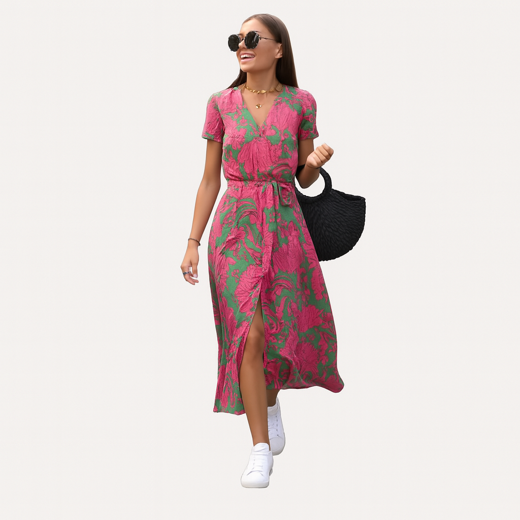 Elegantes bedrucktes Sommer-Midikleid – Leichtes V‑Ausschnitt-Design, floraler Stil