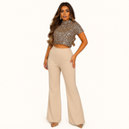 Rosa Gold Pailletten Kurzarm Cropped Top für Partys & Nächte Ausgehen