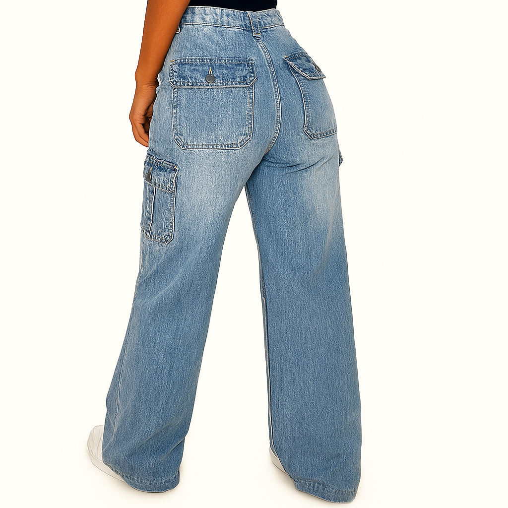 Mid-Blau Stretch Cargo Weitbeinig-Denim-Jeans – Utility-Stil