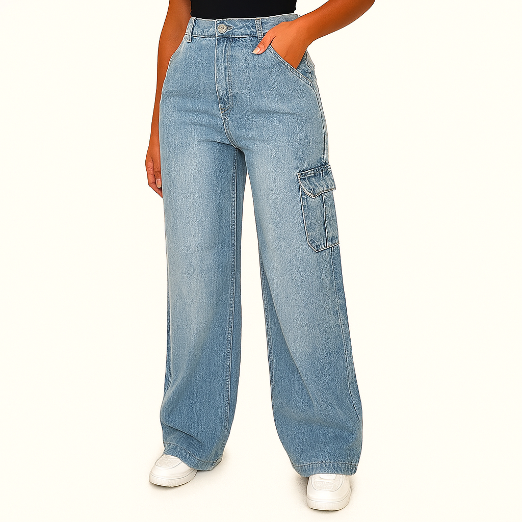 Mid-Blau Stretch Cargo Weitbeinig-Denim-Jeans – Utility-Stil