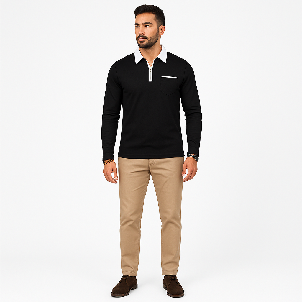 Herren Langarm-Polo mit Reißverschlusskragen – Smart-Casual