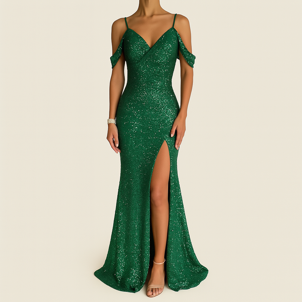 Damen Pailletten Off-Shoulder V-Ausschnitt Abendkleid, Full-Length