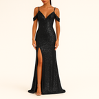 Damen Pailletten Off-Shoulder V-Ausschnitt Abendkleid, Full-Length