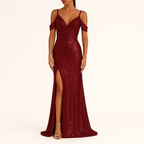 Damen Pailletten Off-Shoulder V-Ausschnitt Abendkleid, Full-Length