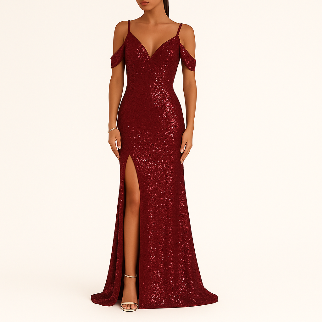 Damen Pailletten Off-Shoulder V-Ausschnitt Abendkleid, Full-Length